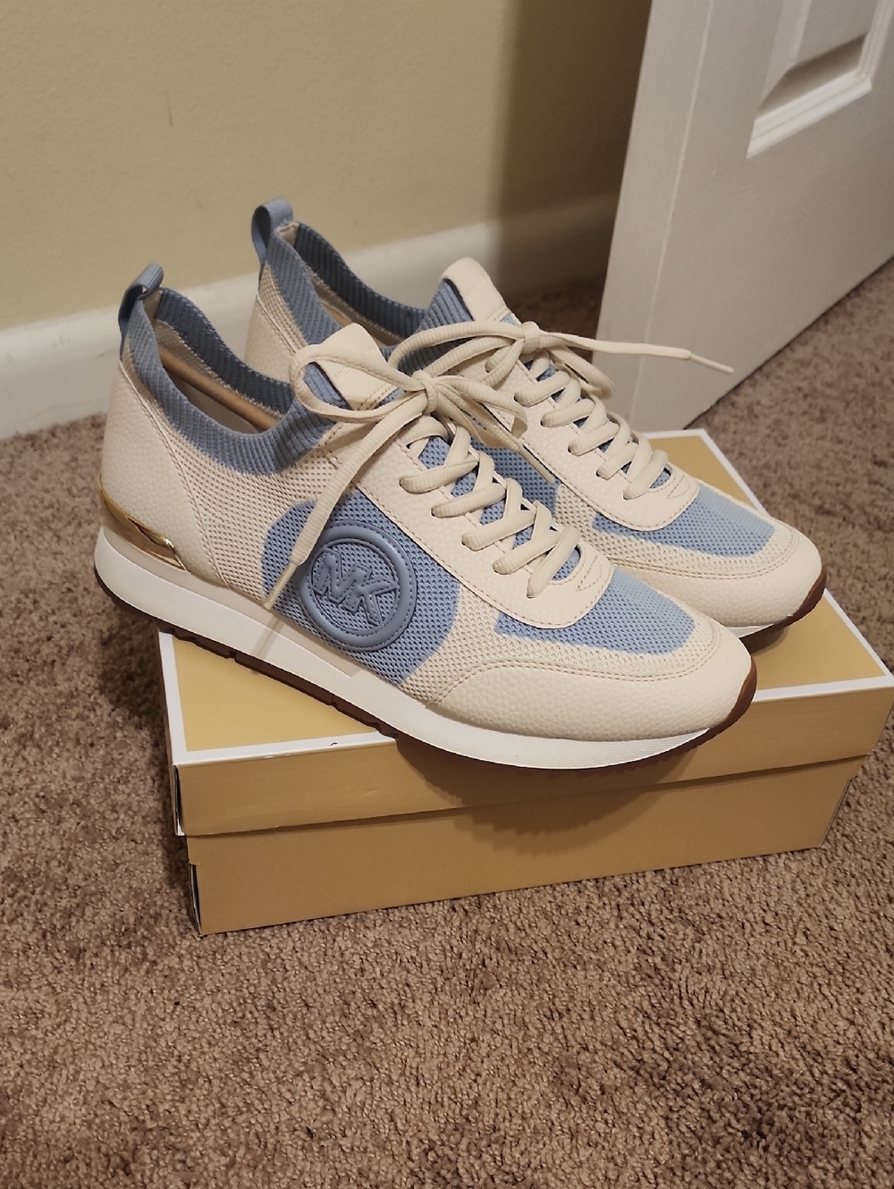 Michael Kors Cream and Pale Blue MK Logo Knit Sneakers